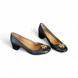 Tory Burch Chelsea Cap Toe Block Heel Pumps Black Leather Gold Womens Size 8